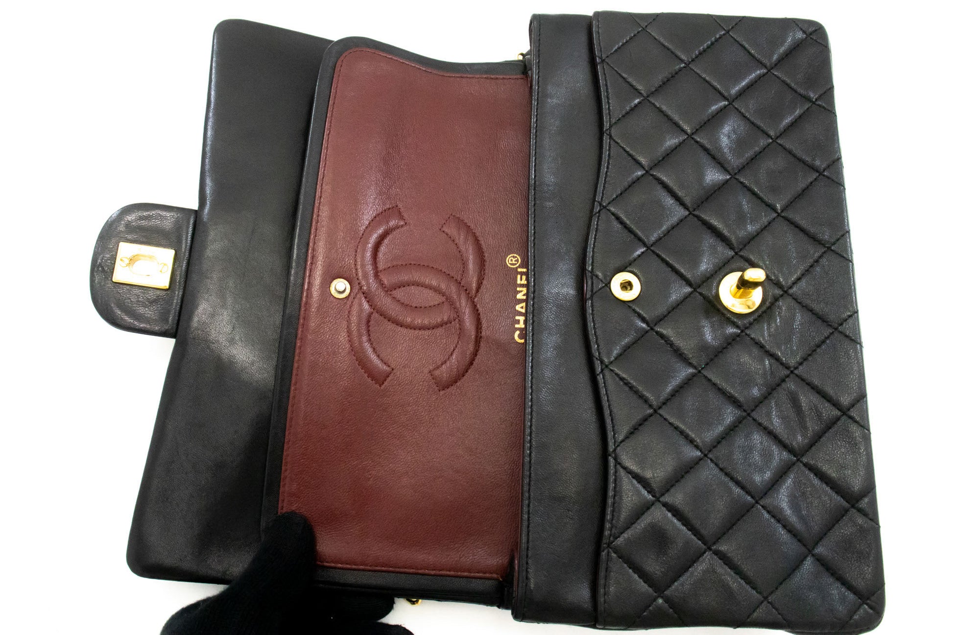 CHANEL Classic Double Flap 10" Chain Shoulder Bag Black Lambskin ag5 hannari-shop