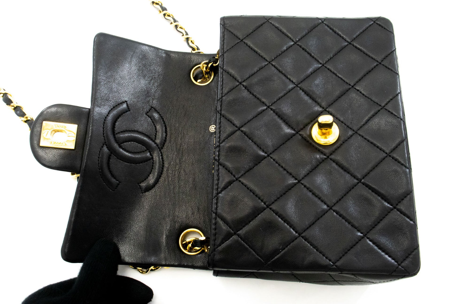 CHANEL Mini Square Kleine Kettentasche Umhängetasche Schwarz Lammfell ag7 hannari-shop