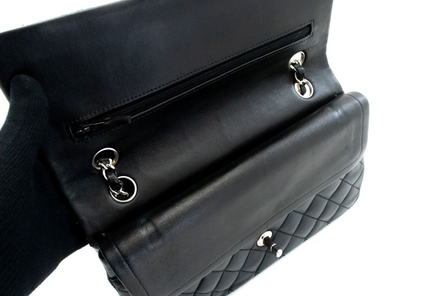 CHANEL Classic Double Flap 10" Schultertasche mit silberner Kette Schwarz ai1 hannari-shop
