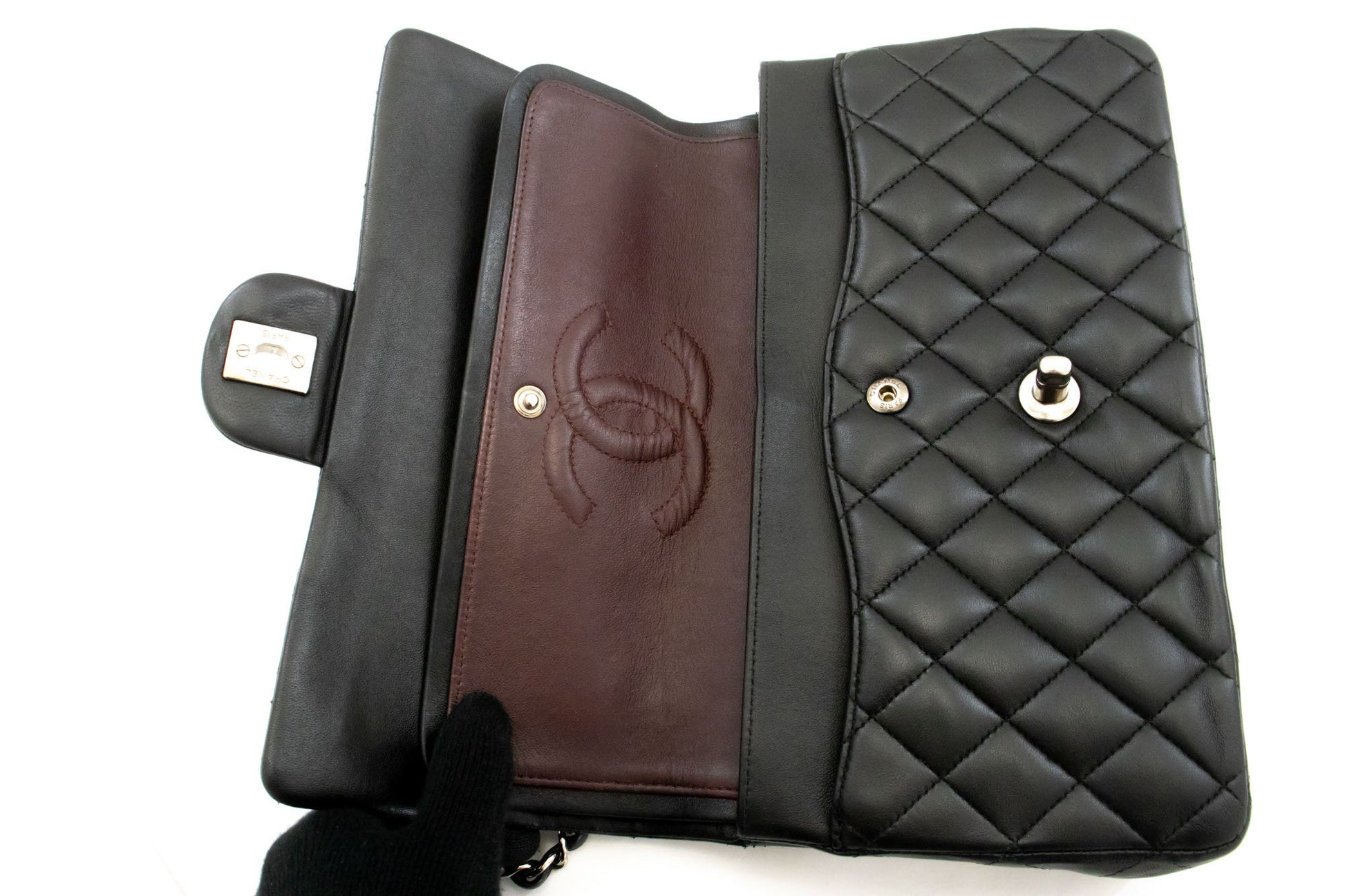 CHANEL Classic Double Flap 10" Schultertasche mit silberner Kette Schwarz ai1 hannari-shop
