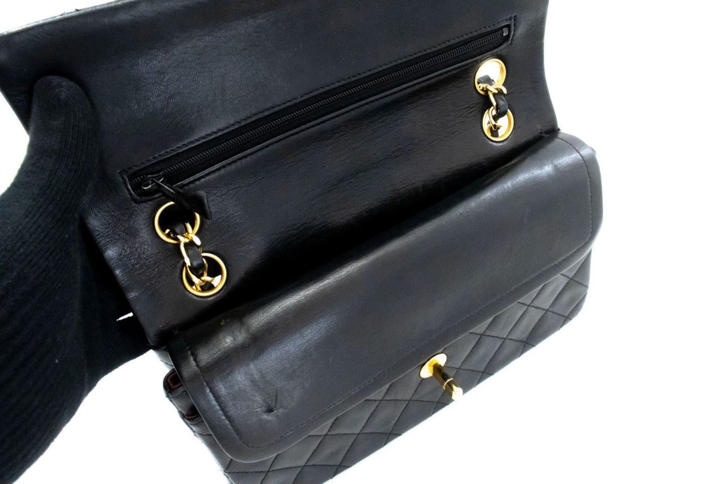 CHANEL Classic Double Flap 9" Kettentasche aus schwarzem Lammleder ak5 hannari-shop