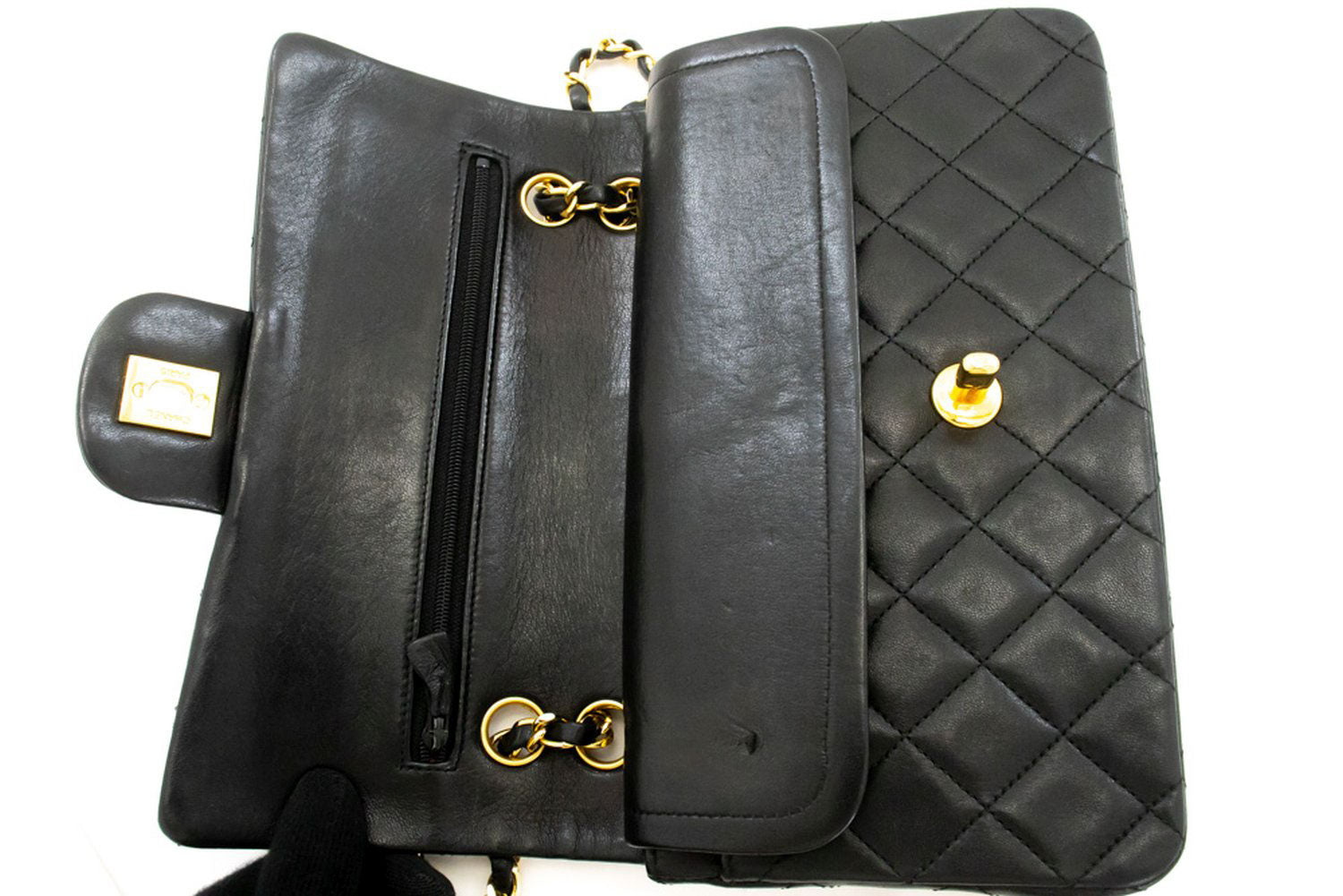 CHANEL Classic Double Flap 9" Kettentasche aus schwarzem Lammleder ak5 hannari-shop