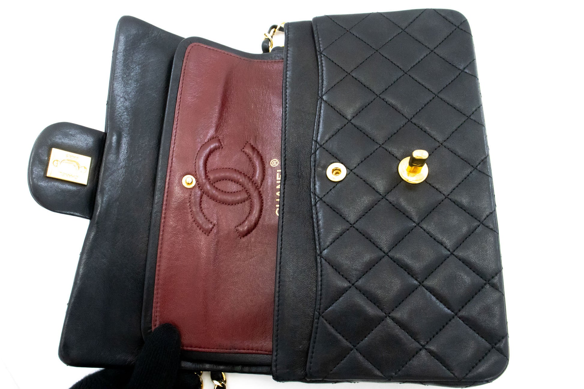 CHANEL Classic Double Flap 9" Kettentasche aus schwarzem Lammleder ak5 hannari-shop