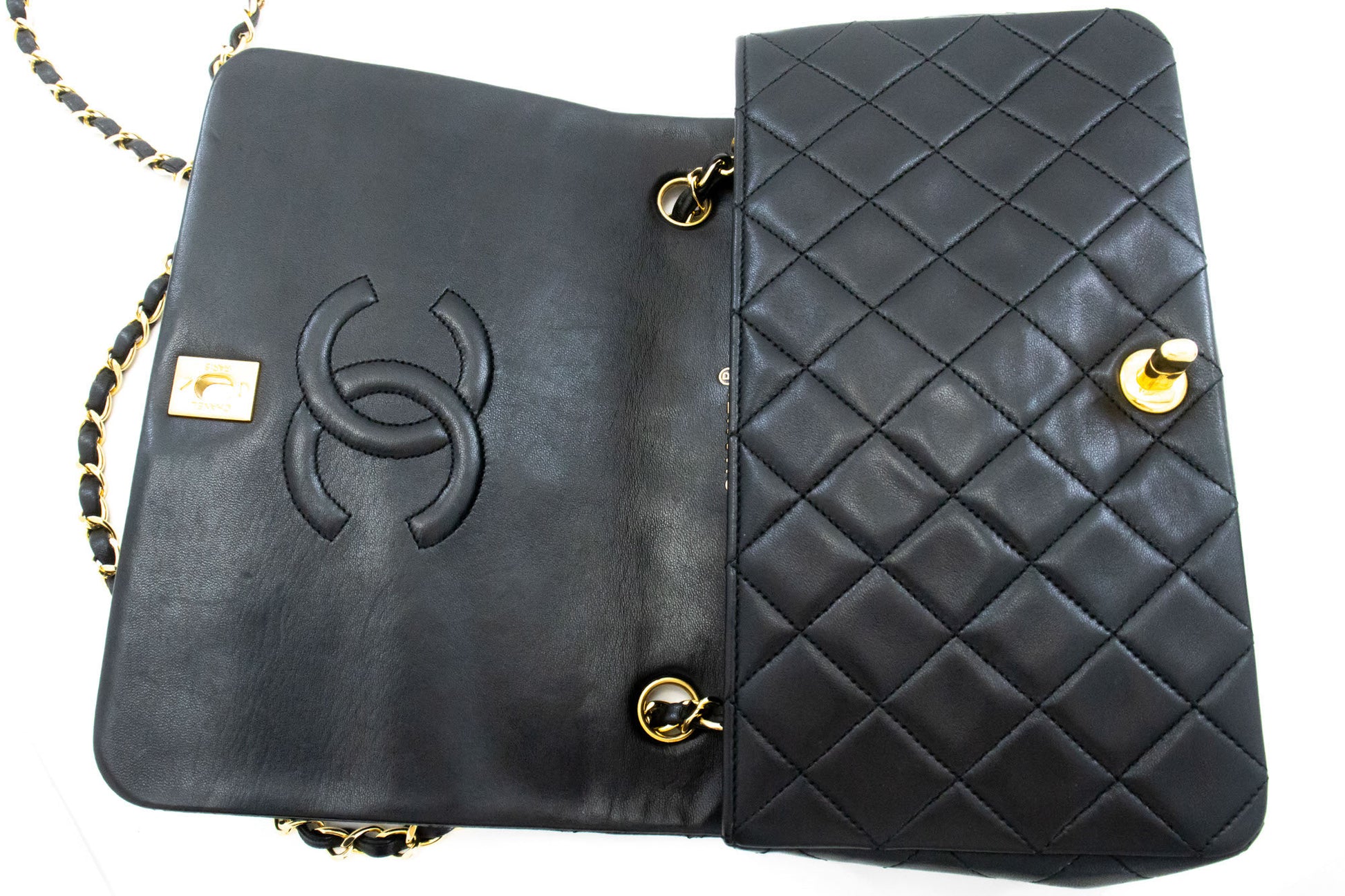 CHANEL Full Flap Chain Shoulder Bag Crossbody Black Quilted ah8 hannari-shop