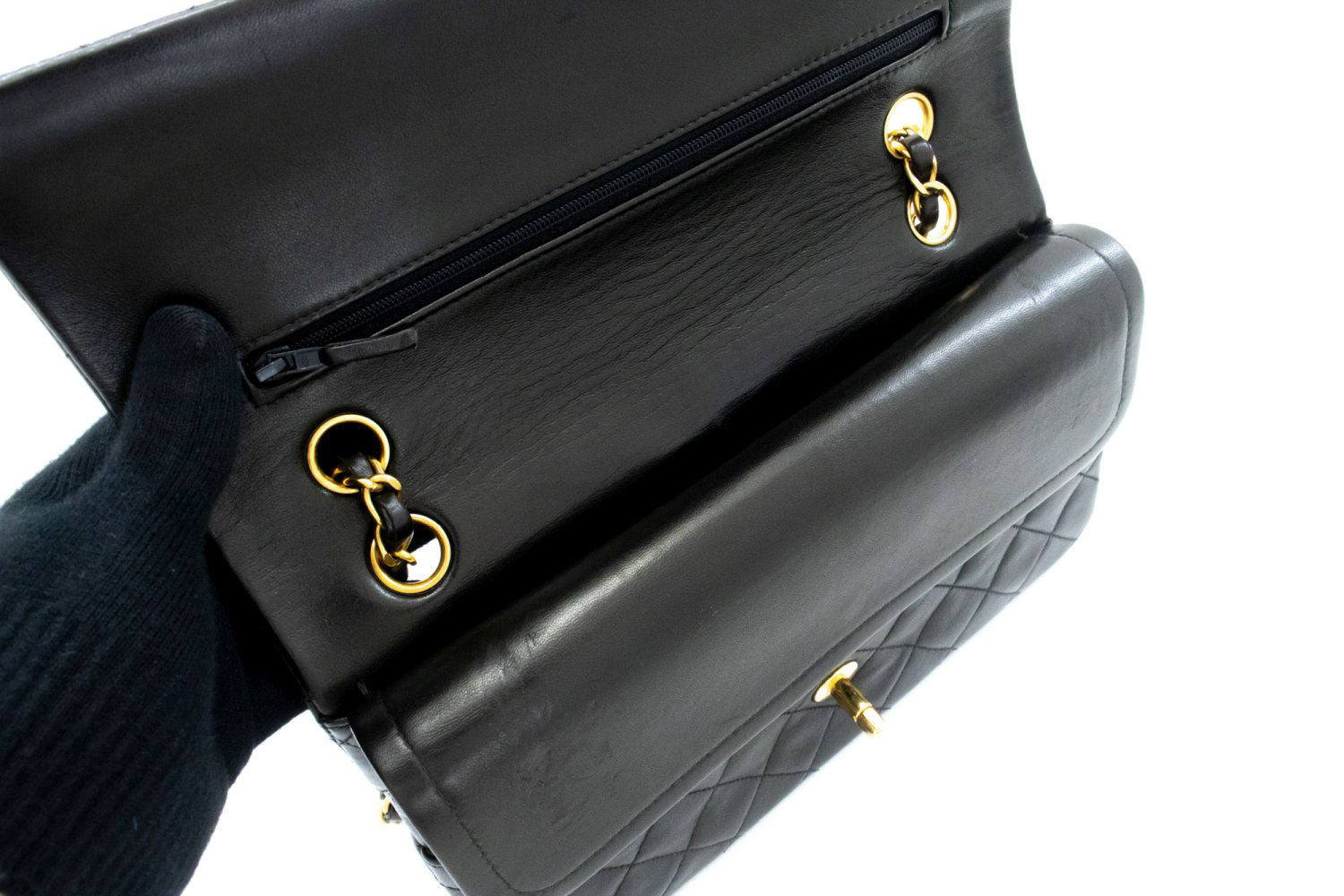 CHANEL Classic Double Flap 10" Kettentasche aus schwarzem Lammleder ak4 hannari-shop
