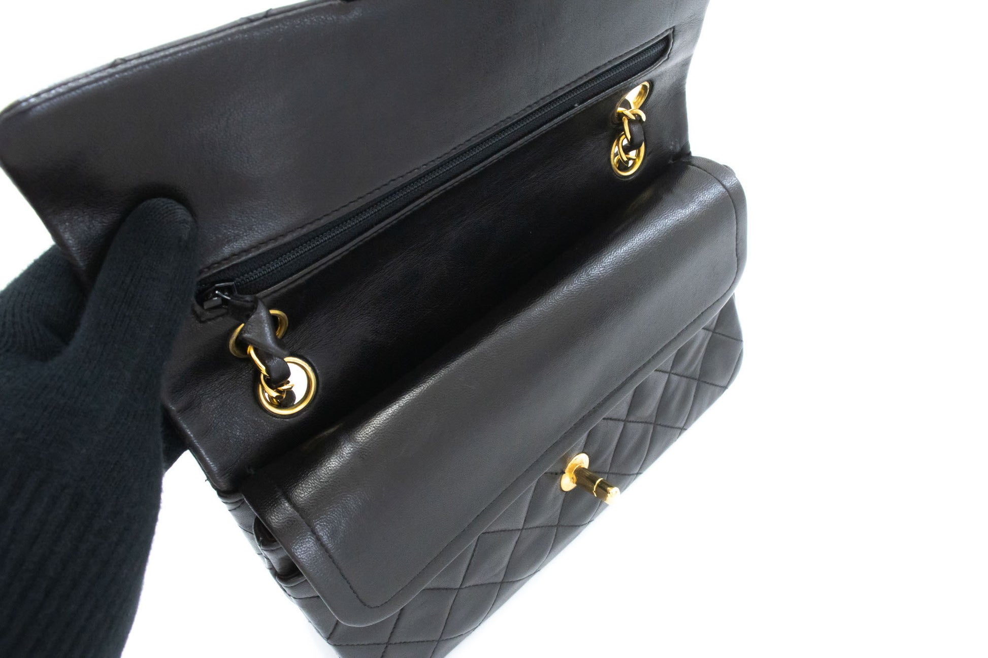 CHANEL Classic Double Flap 9" Chain Schultertasche Schwarz Lammleder ai7 hannari-shop