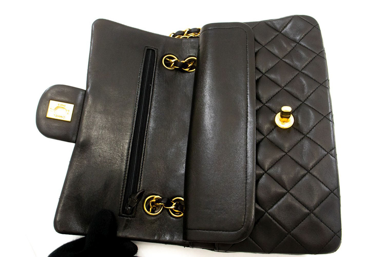 CHANEL Classic Double Flap 9" Chain Schultertasche Schwarz Lammleder ai7 hannari-shop