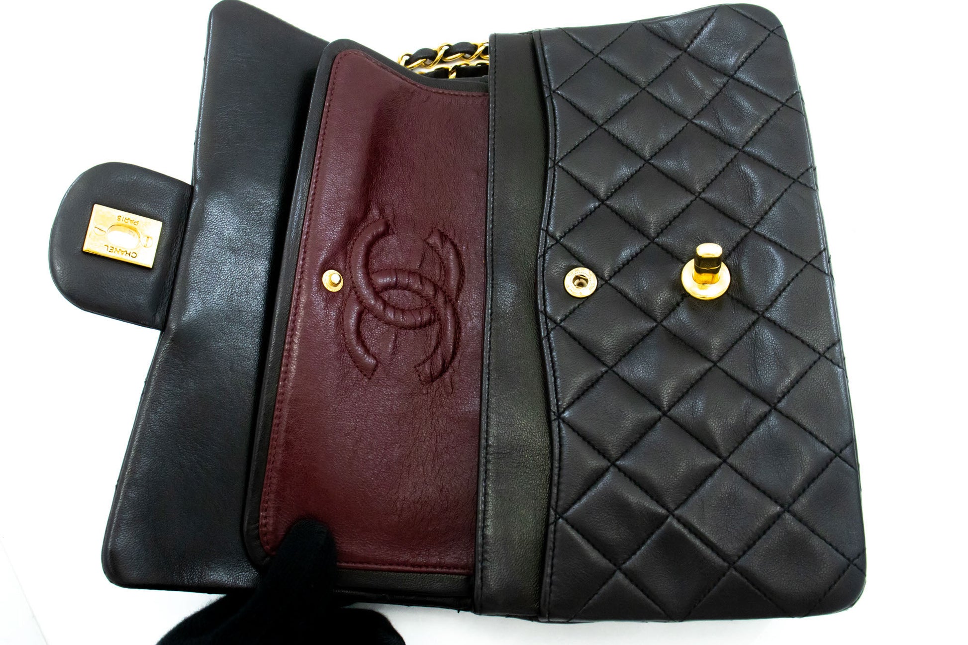 CHANEL Classic Double Flap 9" Chain Schultertasche Schwarz Lammleder ai7 hannari-shop