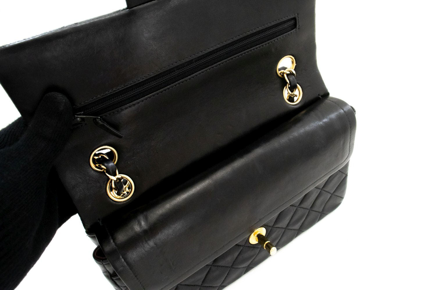 CHANEL Classic Double Flap 9" Chain Schultertasche Schwarz Lammleder ai6 hannari-shop