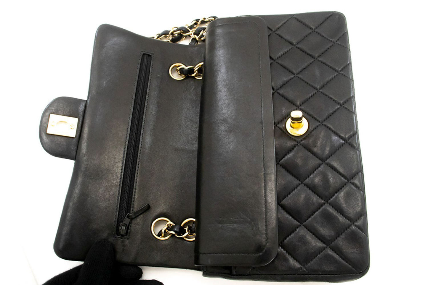 CHANEL Classic Double Flap 9" Chain Schultertasche Schwarz Lammleder ai6 hannari-shop