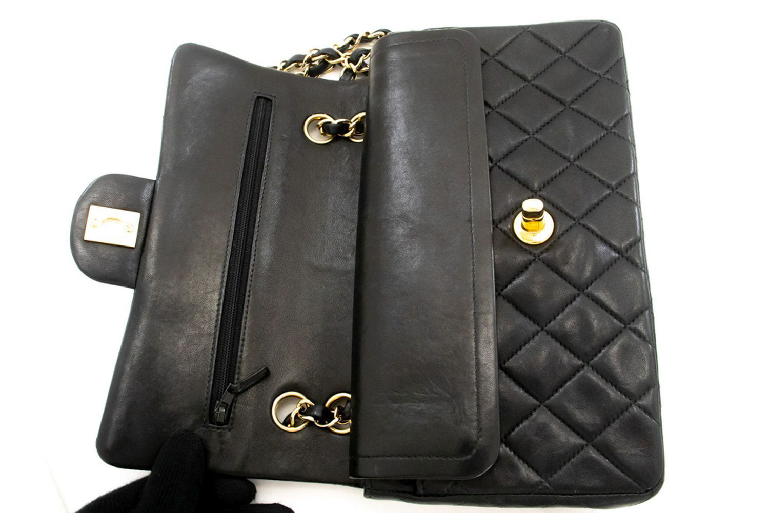 CHANEL Classic Double Flap 9" Chain Schultertasche Schwarz Lammleder ai6 hannari-shop