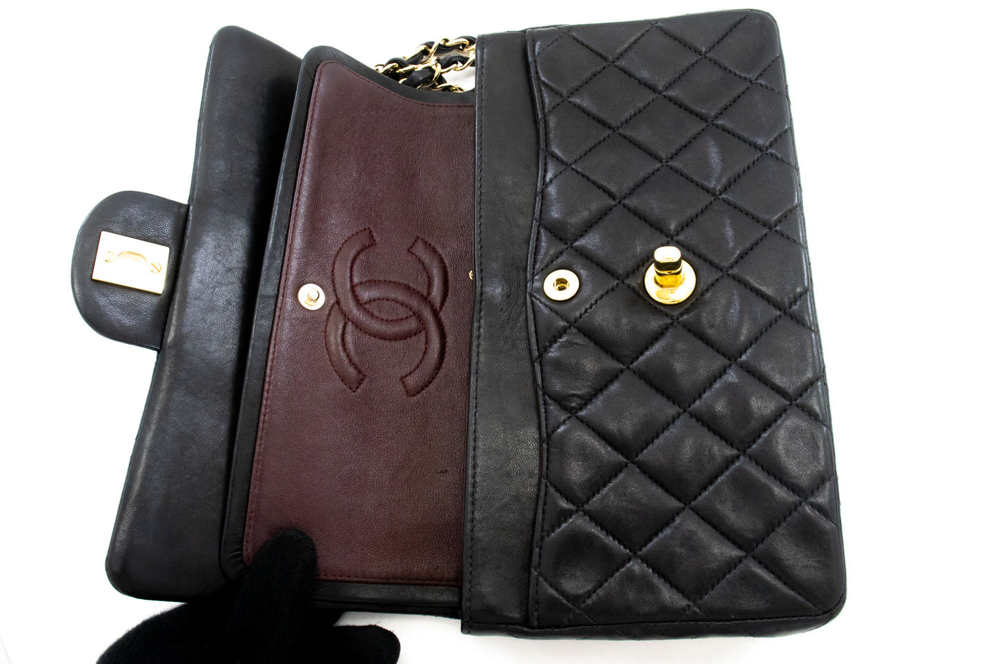 CHANEL Classic Double Flap 9" Chain Schultertasche Schwarz Lammleder ai6 hannari-shop