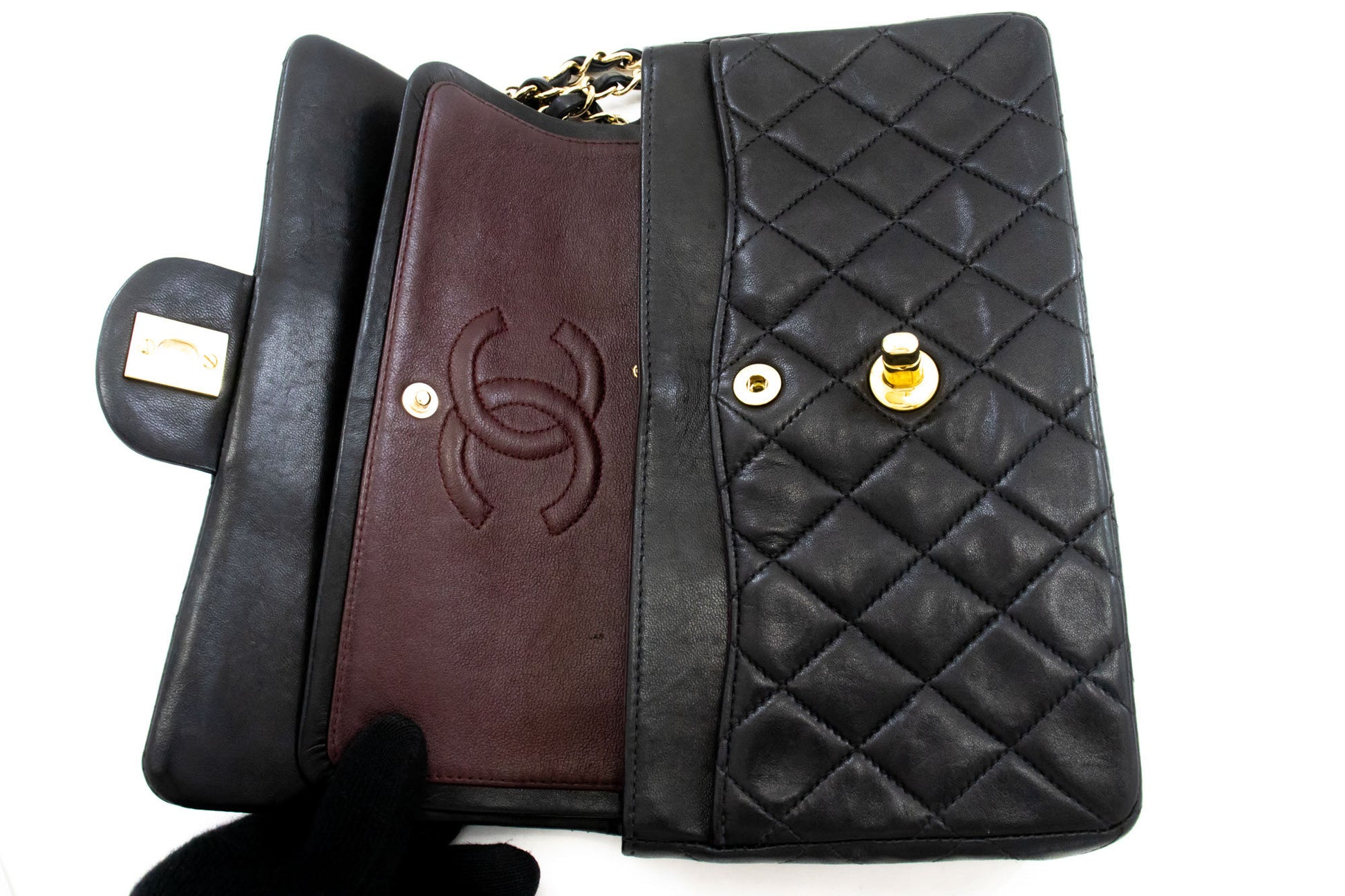 CHANEL Classic Double Flap 9" Chain Schultertasche Schwarz Lammleder ai6 hannari-shop