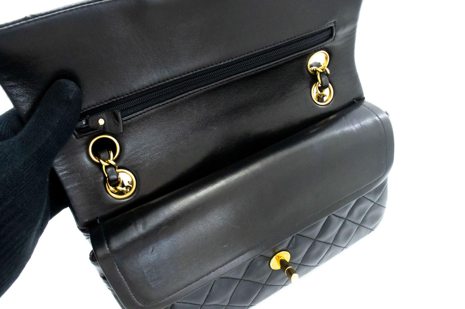 CHANEL Classic Double Flap 9" Schultertasche mit Kette Schwarz Lammleder ai4 hannari-shop