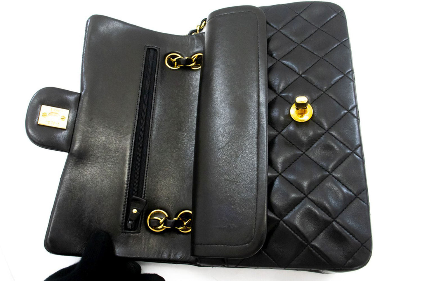 CHANEL Classic Double Flap 9" Schultertasche mit Kette Schwarz Lammleder ai4 hannari-shop