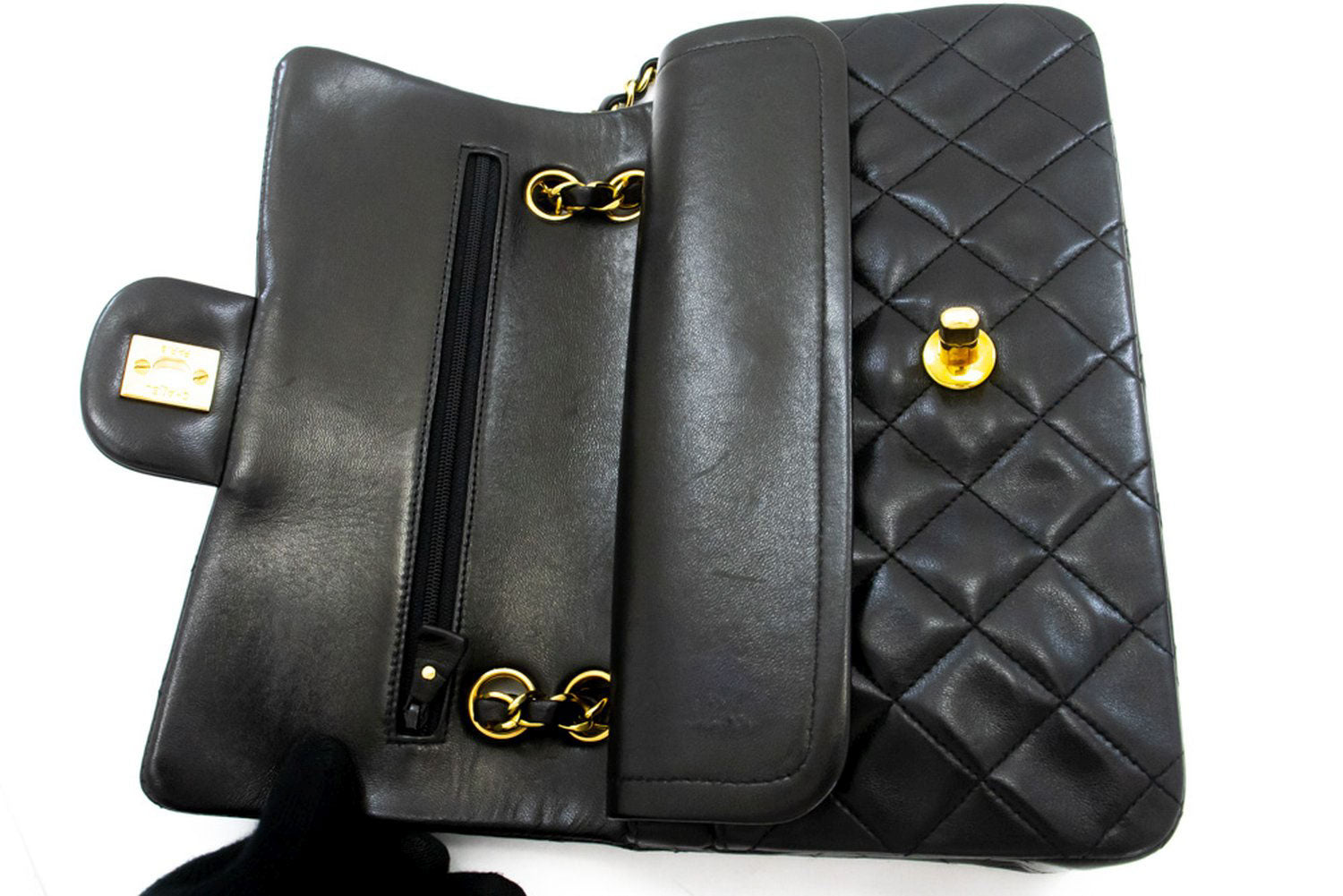 CHANEL Classic Double Flap 9" Schultertasche mit Kette Schwarz Lammleder ai4 hannari-shop