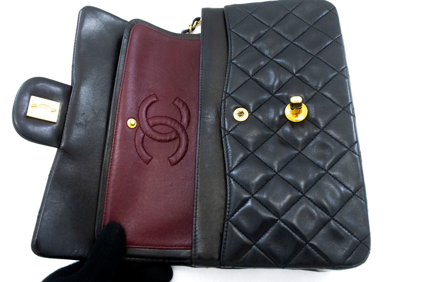 CHANEL Classic Double Flap 9" Schultertasche mit Kette Schwarz Lammleder ai4 hannari-shop