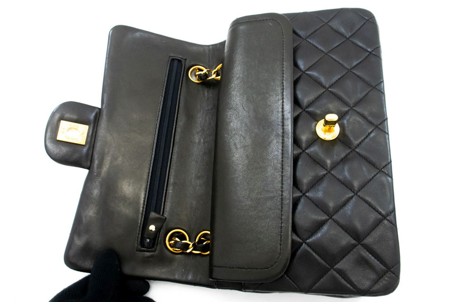 CHANEL Classic Double Flap 9" Chain Schultertasche Schwarz Lammleder ah3 hannari-shop