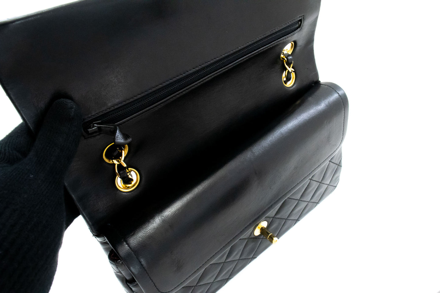 CHANEL Classic Double Flap 10" Kettenschultertasche Schwarz Lammleder ah7 hannari-shop