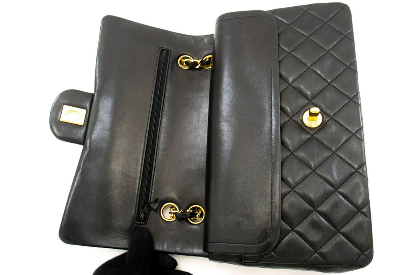 CHANEL Classic Double Flap 10" Kettenschultertasche Schwarz Lammleder ah7 hannari-shop