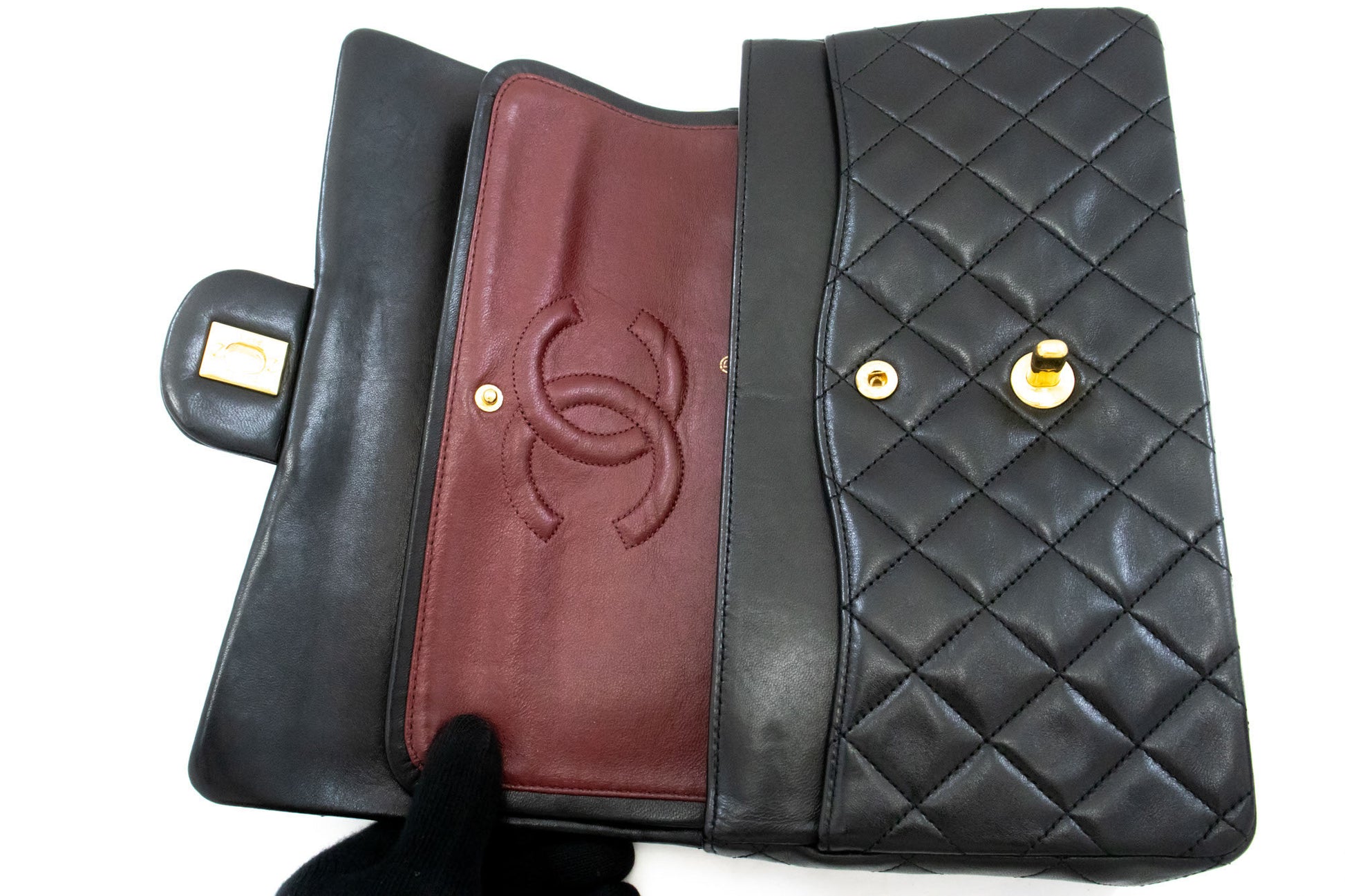 CHANEL Classic Double Flap 10" Kettenschultertasche Schwarz Lammleder ah7 hannari-shop