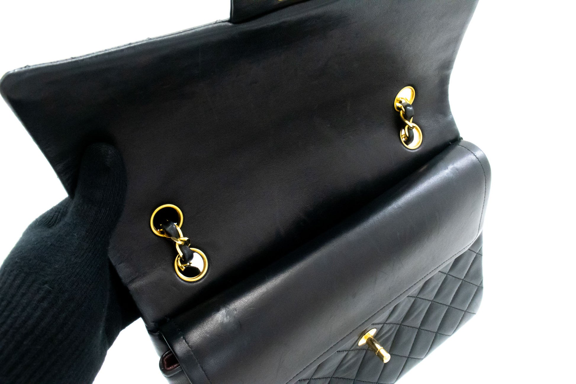 CHANEL Classic Double Flap Square Chain Shoulder Bag Black Lamb ah5 hannari-shop