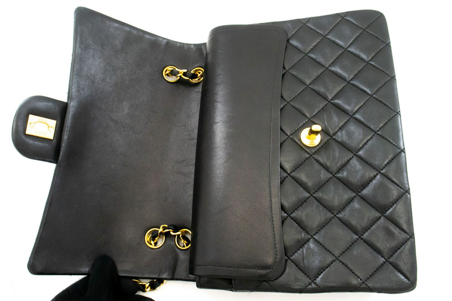 CHANEL Classic Double Flap Square Chain Shoulder Bag Black Lamb ah5 hannari-shop
