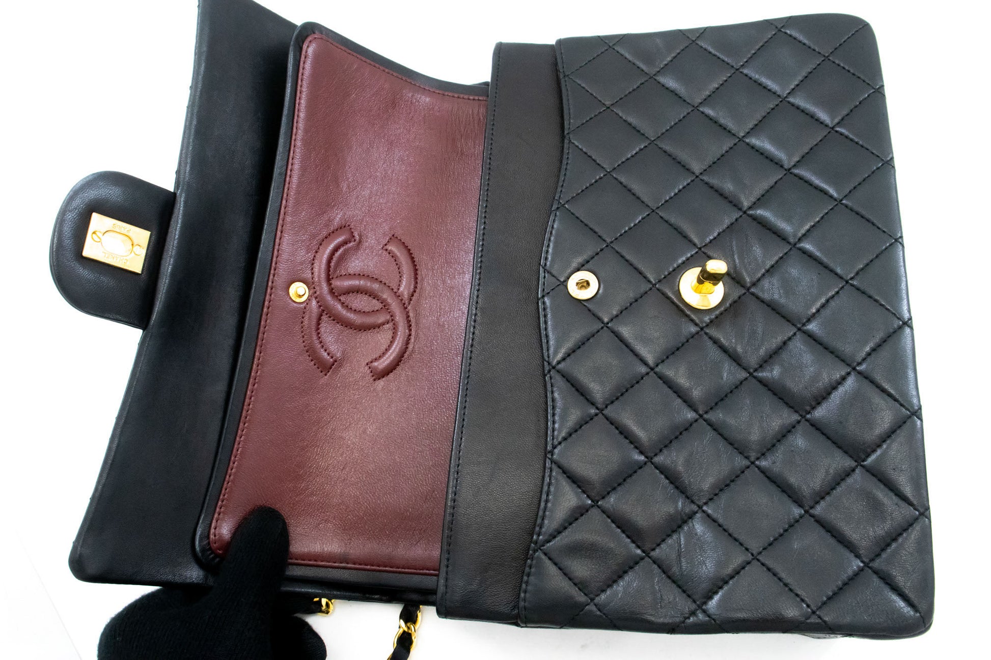 CHANEL Classic Double Flap Square Chain Shoulder Bag Black Lamb ah5 hannari-shop