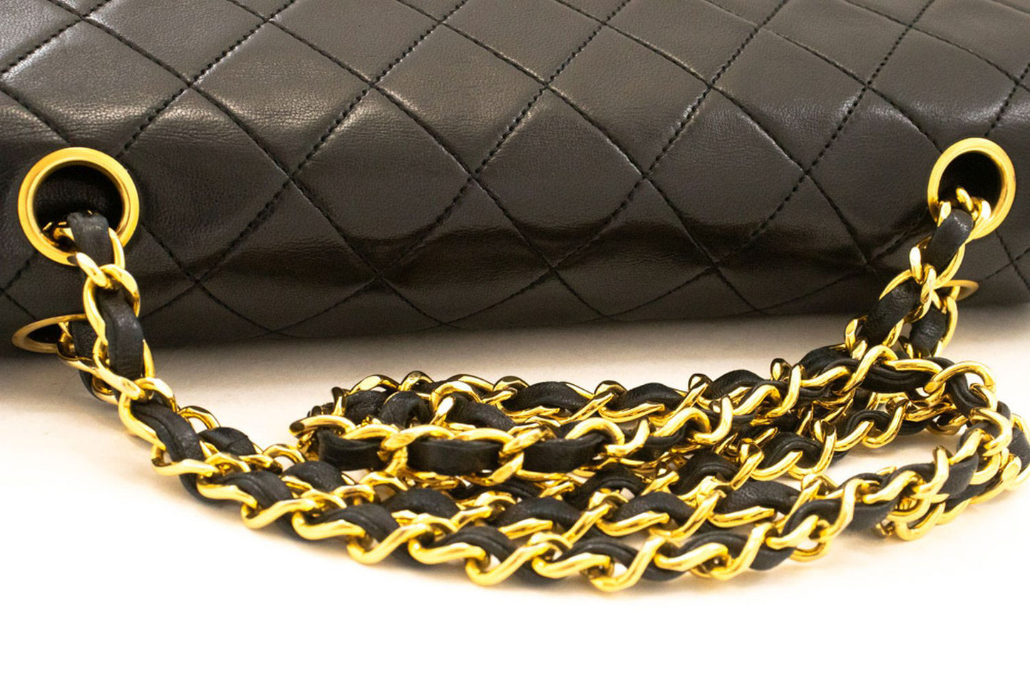 CHANEL Classic Double Flap 10" Kettenschultertasche Schwarz Lammleder aj9 hannari-shop