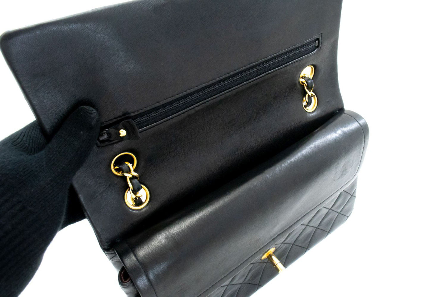 CHANEL Classic Double Flap 10" Kettenschultertasche Schwarz Lammleder aj9 hannari-shop