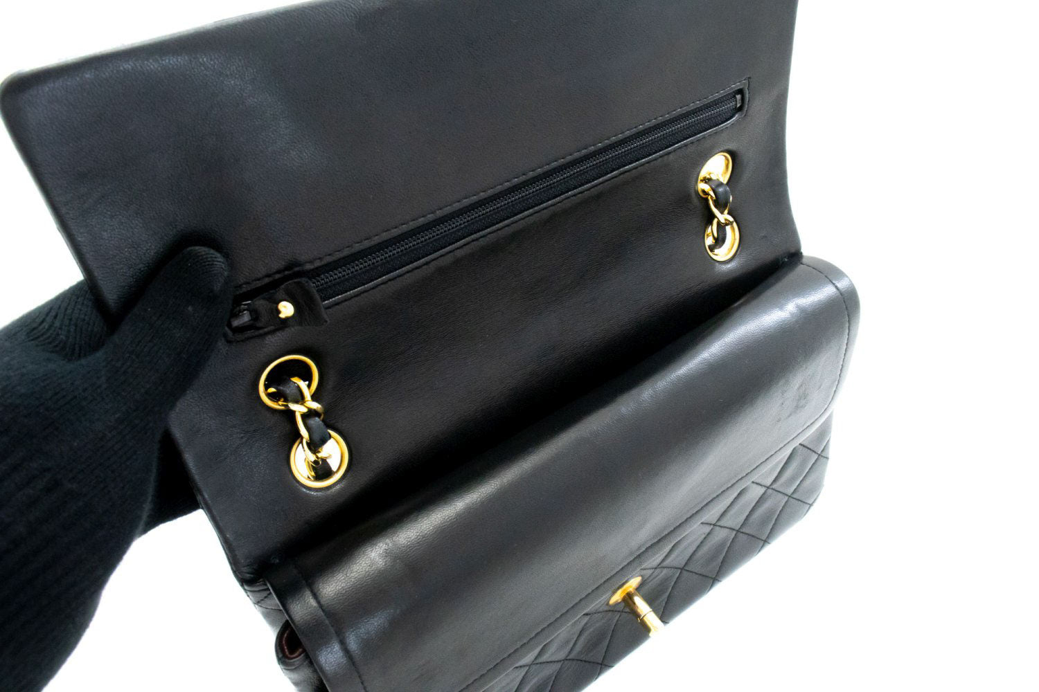 CHANEL Classic Double Flap 10" Kettenschultertasche Schwarz Lammleder aj9 hannari-shop
