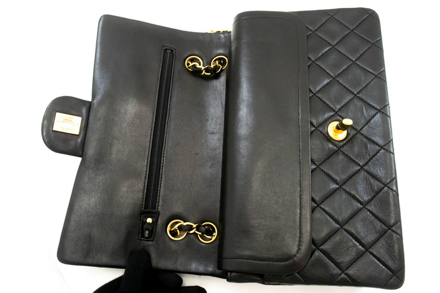 CHANEL Classic Double Flap 10" Kettenschultertasche Schwarz Lammleder aj9 hannari-shop