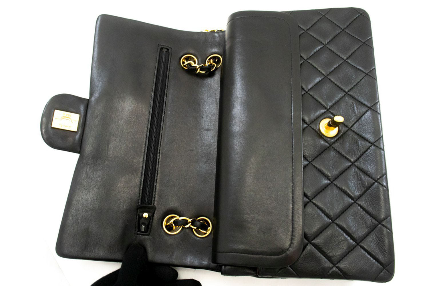 CHANEL Classic Double Flap 10" Kettenschultertasche Schwarz Lammleder aj9 hannari-shop