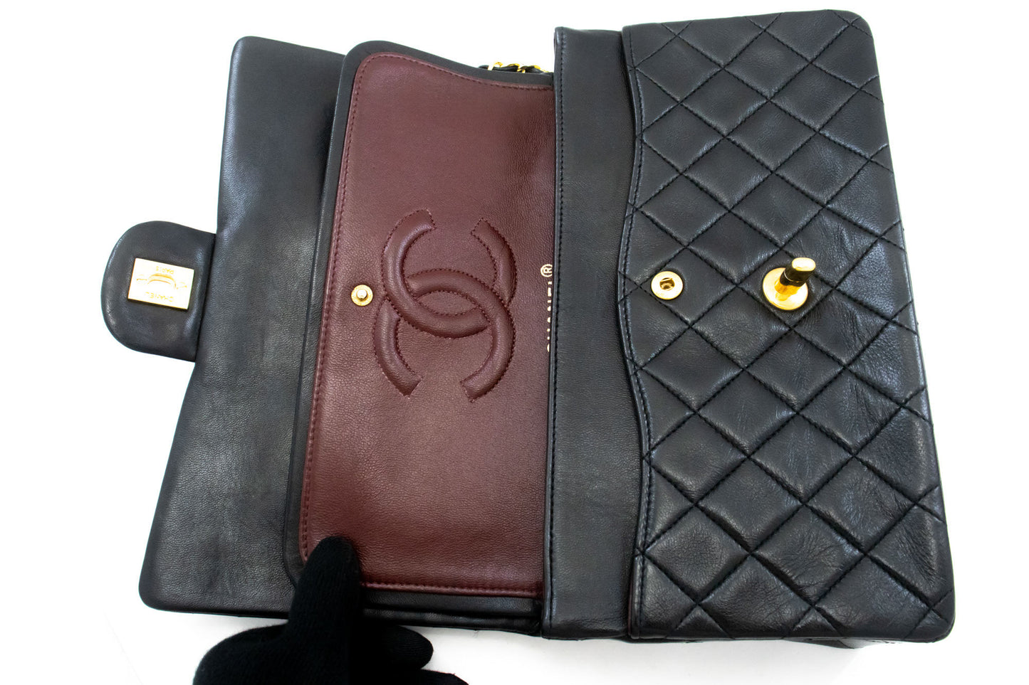CHANEL Classic Double Flap 10" Kettenschultertasche Schwarz Lammleder aj9 hannari-shop