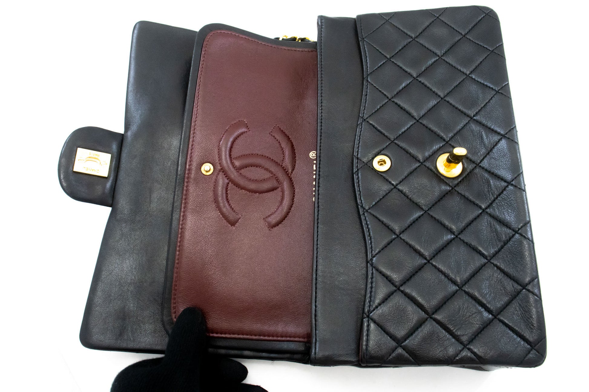 CHANEL Classic Double Flap 10" Kettenschultertasche Schwarz Lammleder aj9 hannari-shop