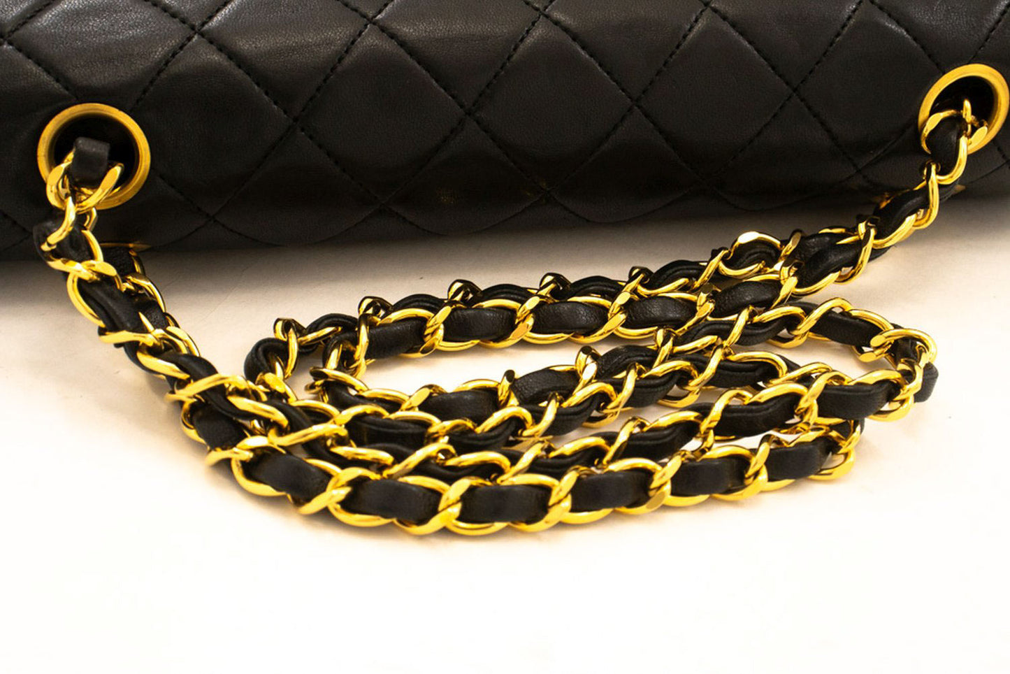 CHANEL Classic Double Flap 10" Kettenschultertasche Schwarz Lammleder ak3 hannari-shop