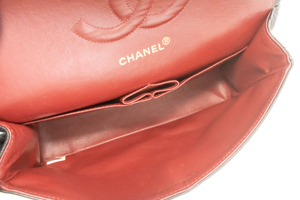 CHANEL Classic Double Flap 10" Kettenschultertasche Schwarz Lammleder ak3 hannari-shop