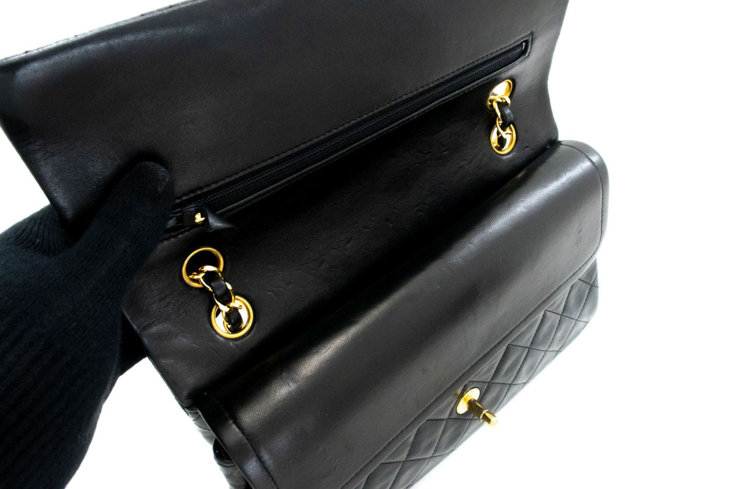 CHANEL Classic Double Flap 10" Kettenschultertasche Schwarz Lammleder ak3 hannari-shop
