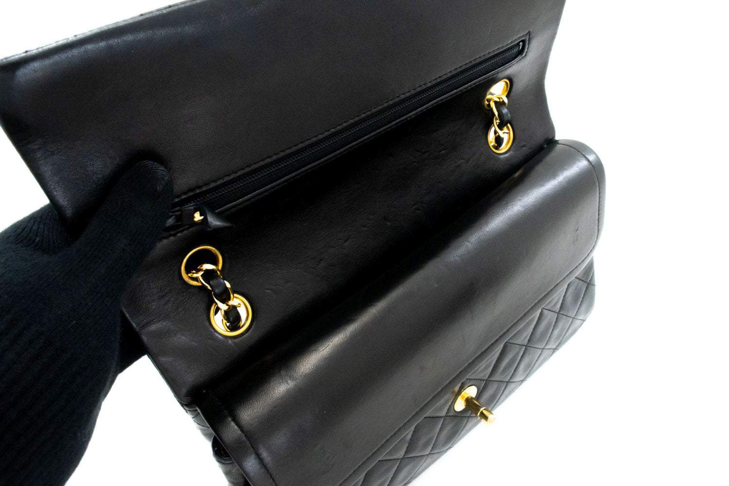 CHANEL Classic Double Flap 10" Kettenschultertasche Schwarz Lammleder ak3 hannari-shop