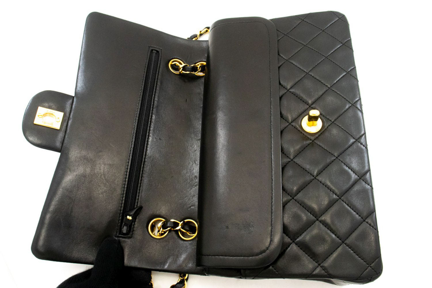 CHANEL Classic Double Flap 10" Kettenschultertasche Schwarz Lammleder ak3 hannari-shop