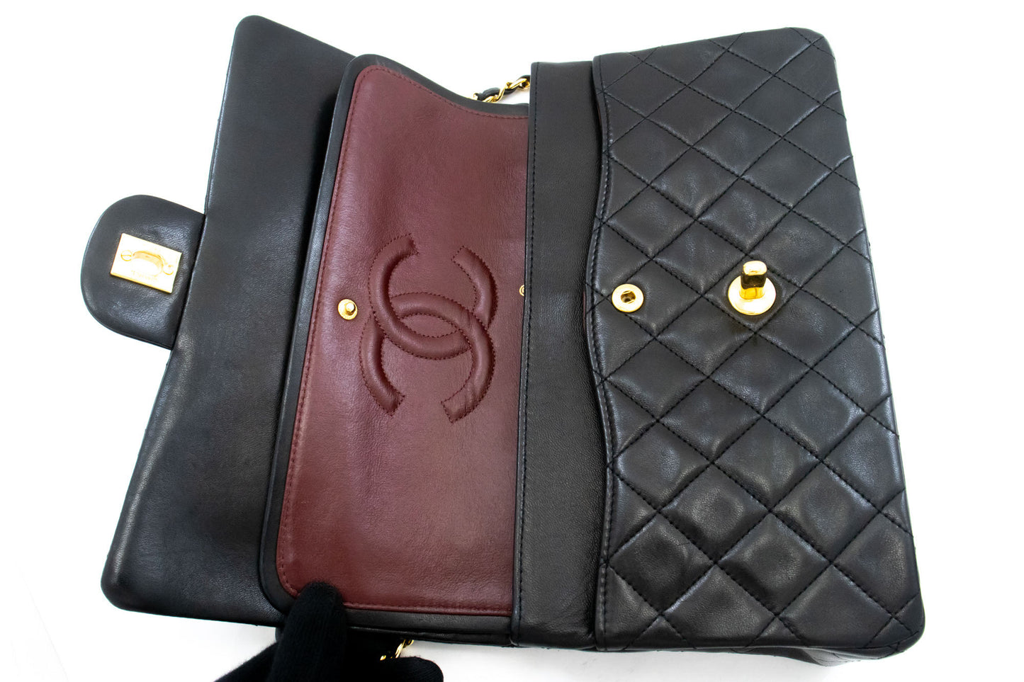 CHANEL Classic Double Flap 10" Kettenschultertasche Schwarz Lammleder ak3 hannari-shop