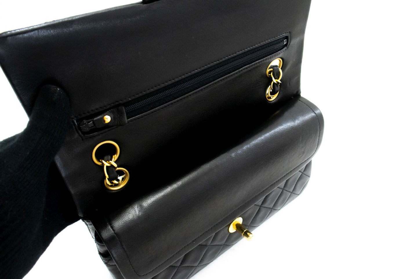 CHANEL Classic Double Flap 9" Kettenschultertasche Schwarz Lammleder aj4 hannari-shop