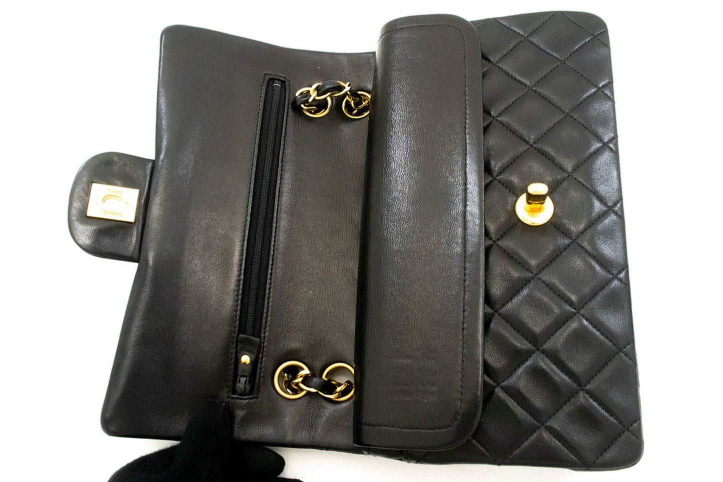 CHANEL Classic Double Flap 9" Kettenschultertasche Schwarz Lammleder aj4 hannari-shop