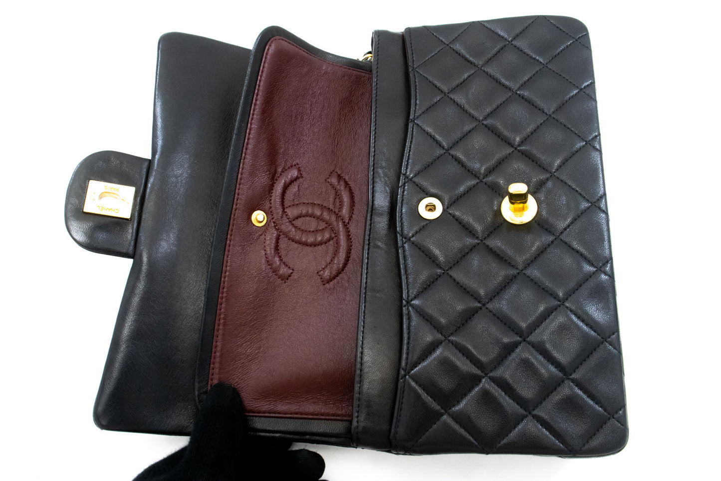 CHANEL Classic Double Flap 9" Kettenschultertasche Schwarz Lammleder aj4 hannari-shop