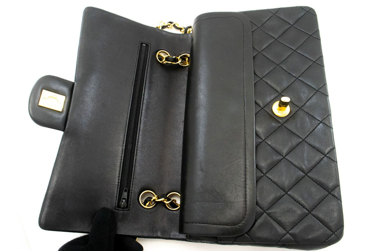 CHANEL Classic Double Flap 10" Kettenschultertasche Schwarz Lammleder aj5 hannari-shop