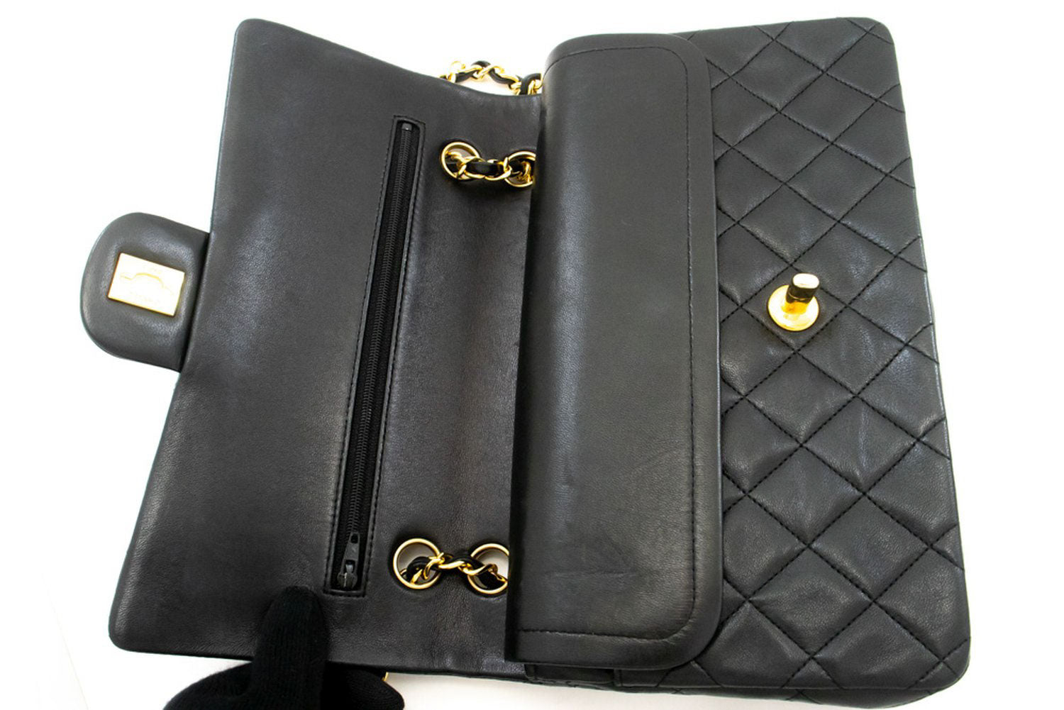 CHANEL Classic Double Flap 10" Kettenschultertasche Schwarz Lammleder aj5 hannari-shop