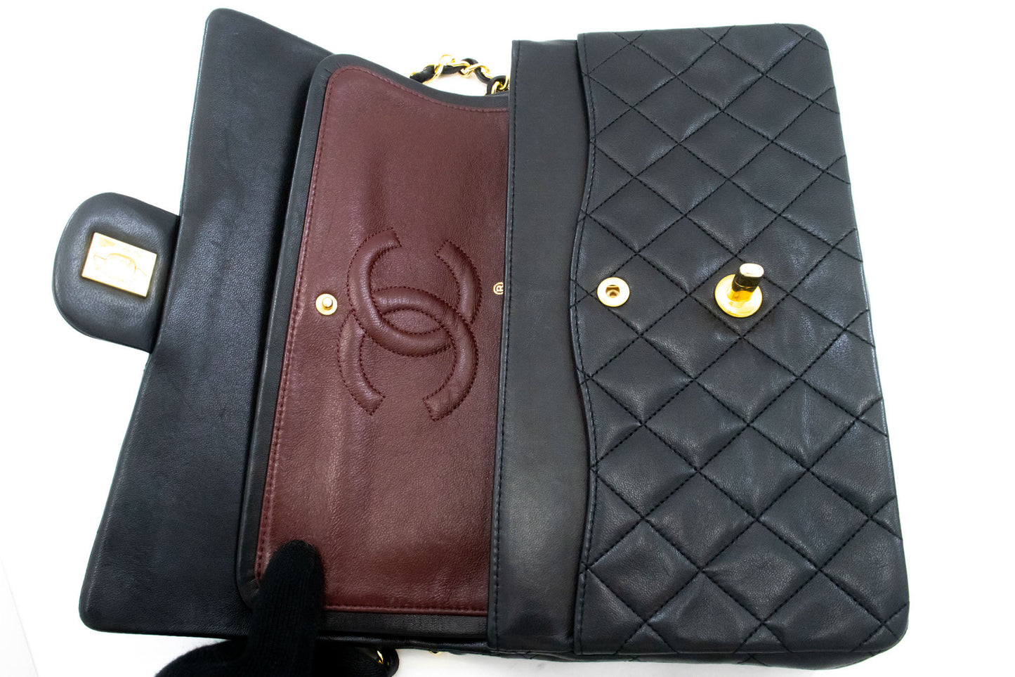 CHANEL Classic Double Flap 10" Kettenschultertasche Schwarz Lammleder aj5 hannari-shop