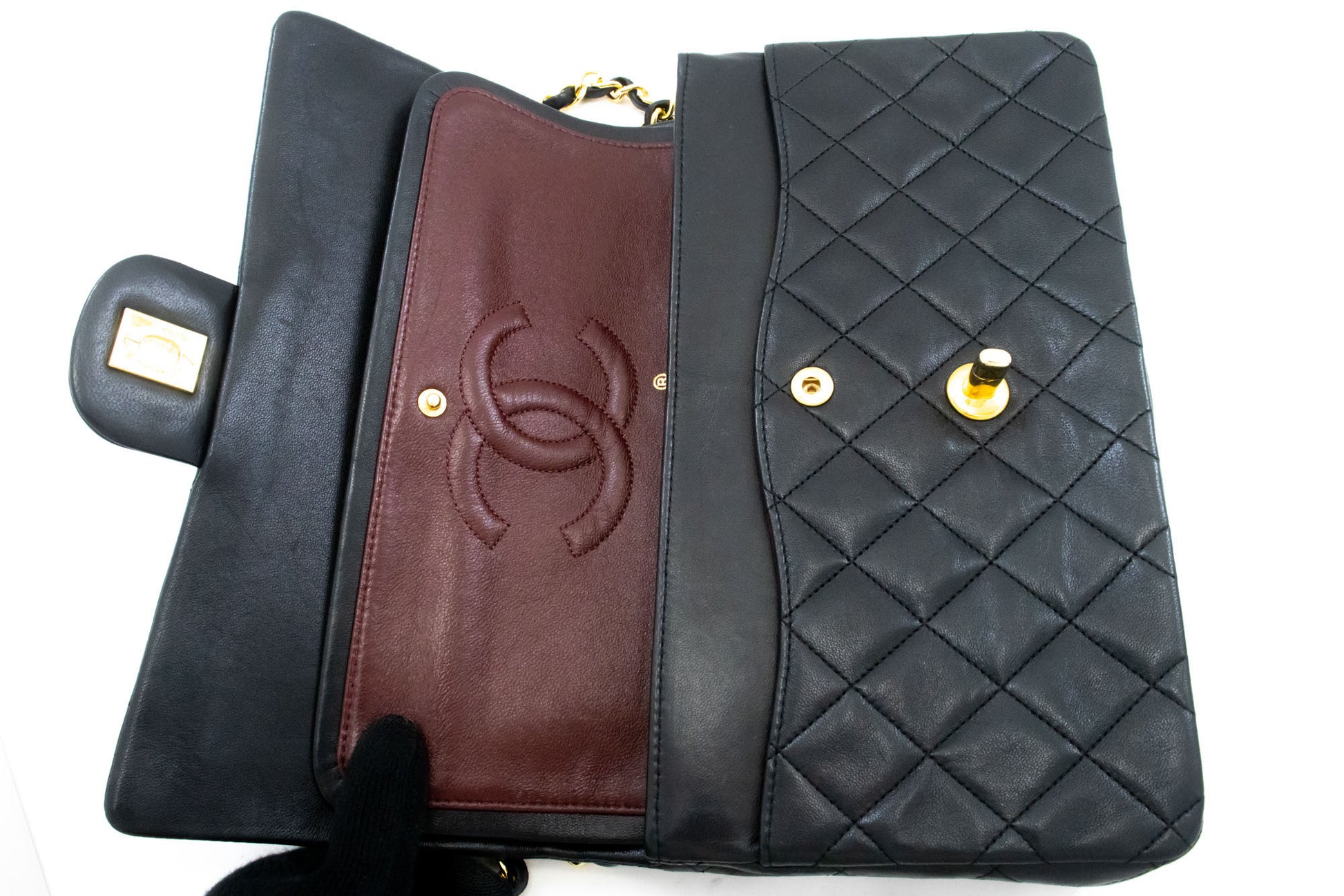 CHANEL Classic Double Flap 10" Kettenschultertasche Schwarz Lammleder aj5 hannari-shop