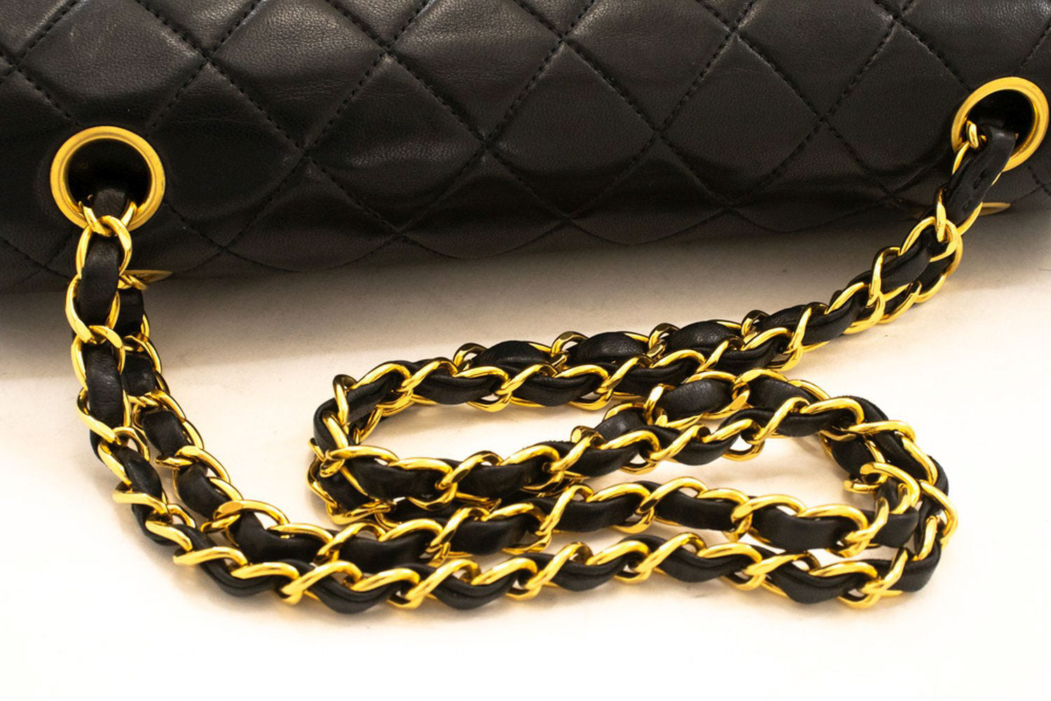 CHANEL Classic Double Flap 10" Chain Schultertasche Schwarz Lammleder aj8 hannari-shop