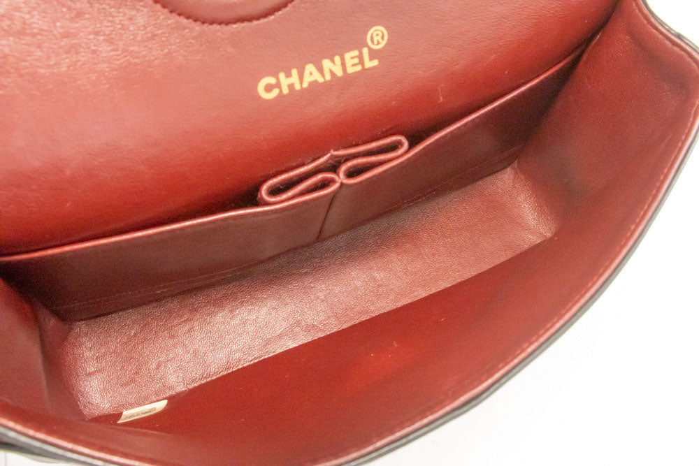 CHANEL Classic Double Flap 10" Chain Schultertasche Schwarz Lammleder aj8 hannari-shop